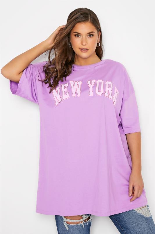 Plus Size  Curve Purple 'New York' Slogan Oversized T-Shirt