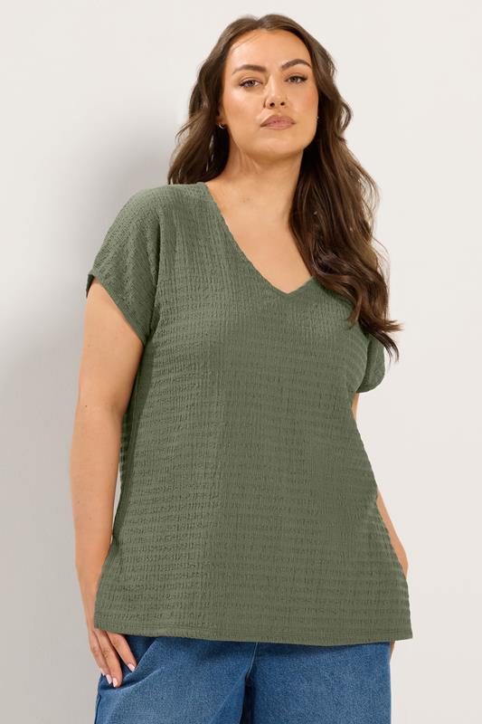 YOURS Plus Size Khaki Green Textured T-Shirt Co-ord | Yours Clothing 1