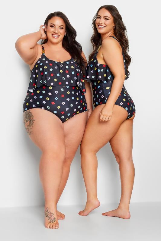 YOURS Curve Black Daisy Print Frill Chain Tummy Control Swimsuit | Yours Clothing 6