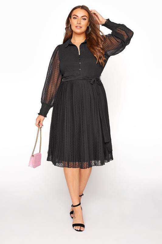 YOURS LONDON Plus Size Black Dobby Pleat Shirt Midi Dress | Yours Clothing 1