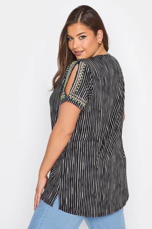Plus Size Black Stripe Embroidered Tie Neck Top | Yours Clothing  3