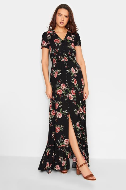 LTS Tall Women's Black Floral Print Shirred Waist Maxi Dress | Long Tall Sally 1