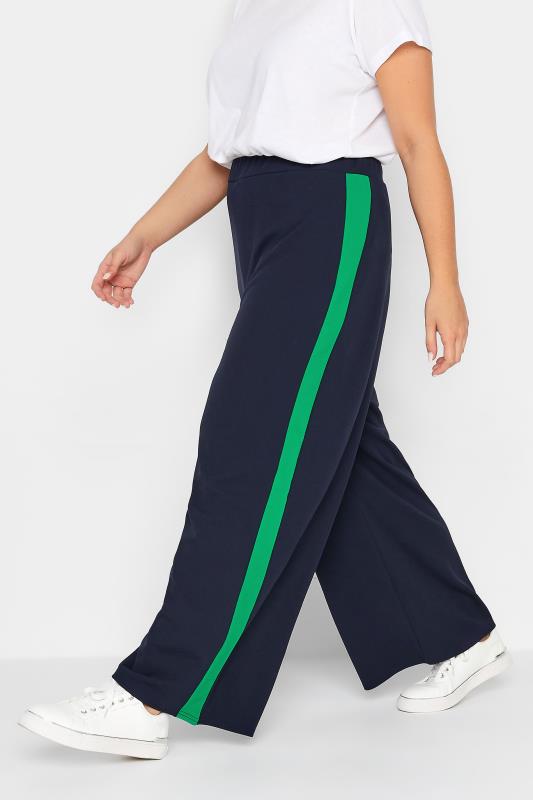 YOURS PETITE Curve Plus Size Navy Blue & Green Stripe Wide Leg Trousers | Yours Clothing  1