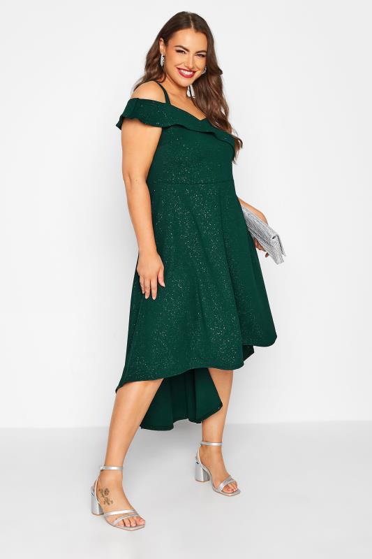 YOURS LONDON Plus Size Green Glitter Bardot High Low Bridesmaid Dress | Yours Clothing 2