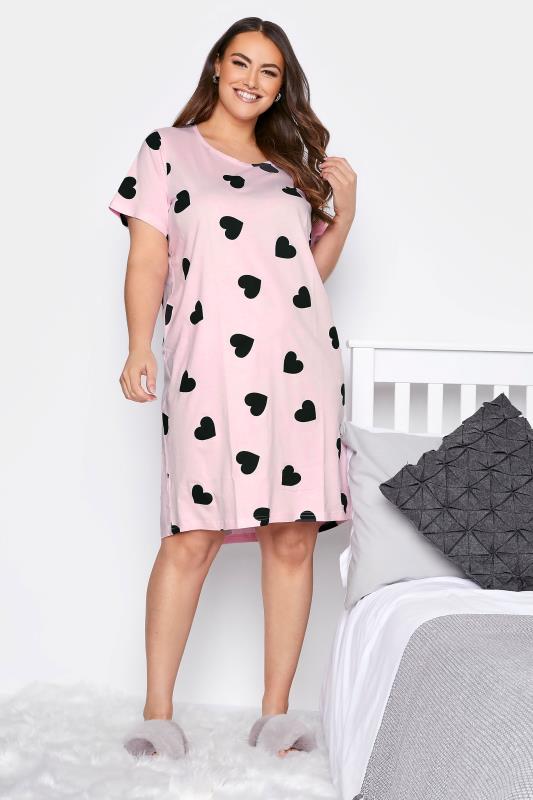 Plus Size  Curve Pink Heart Printed Nightdress