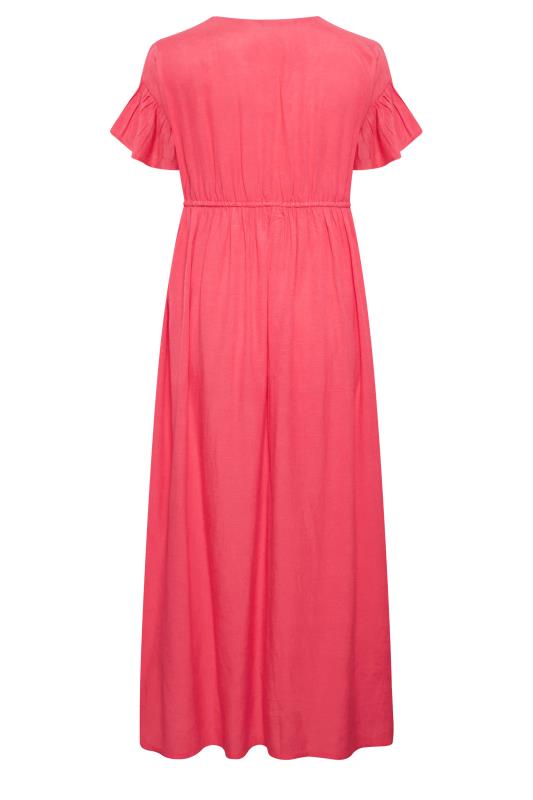 LIMITED COLLECTION Plus Size Coral Pink Frill Sleeve Linen Maxi Dress | Yours Clothing 7