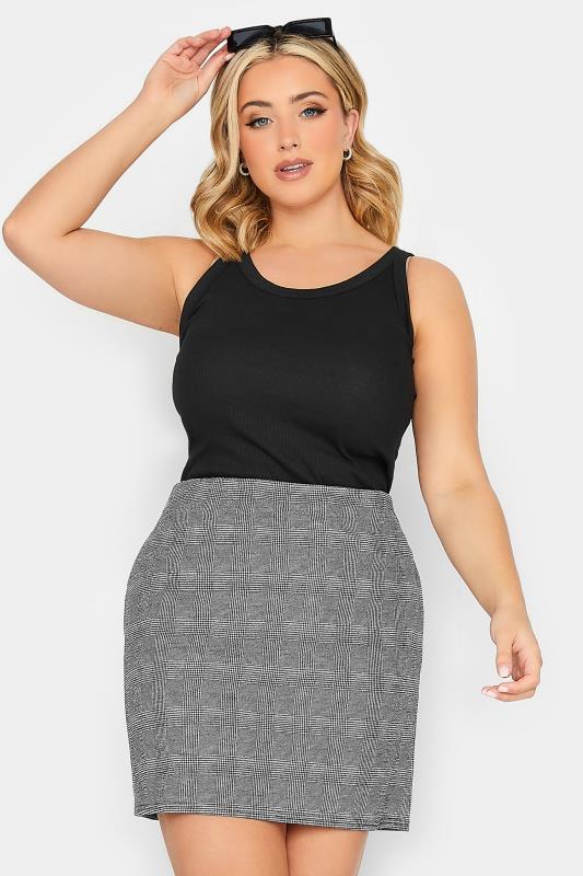 Plus Size  YOURS PETITE Curve Black & Grey Check Stretch Mini Skirt