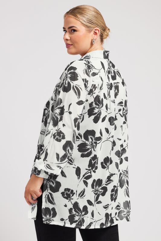 YOURS LONDON Plus Size Ivory White & Black Floral Boyfriend Shirt | Yours Clothing 4