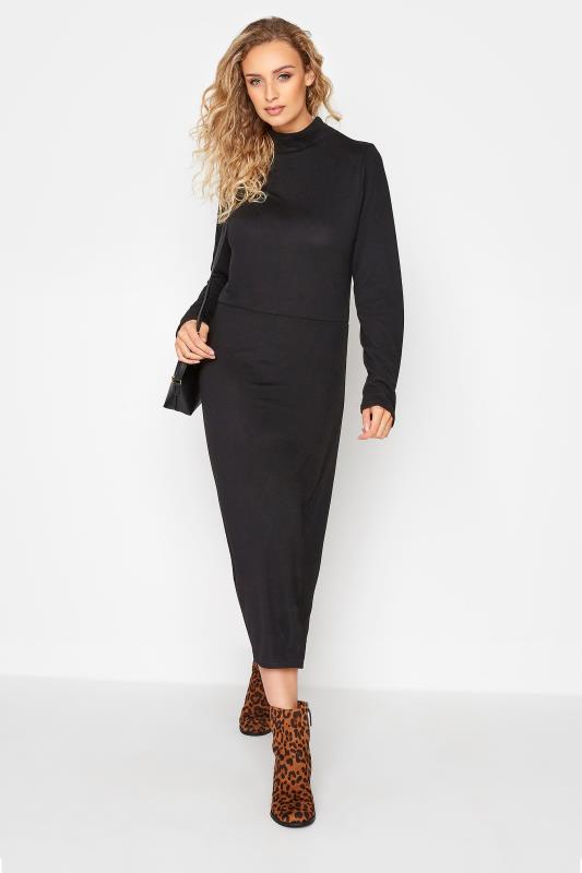 LTS Tall Black Knitted Roll Neck A-Line Midi Dress 2