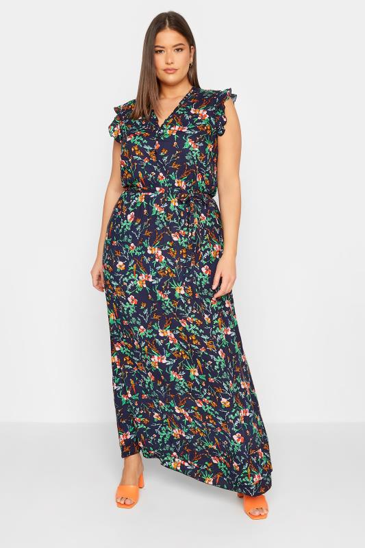  Grande Taille LTS Tall Navy Blue Floral Print Frill Sleeve Maxi Dress