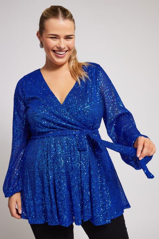 YOURS LONDON Plus Size Blue Sequin Wrap Top Yours Clothing