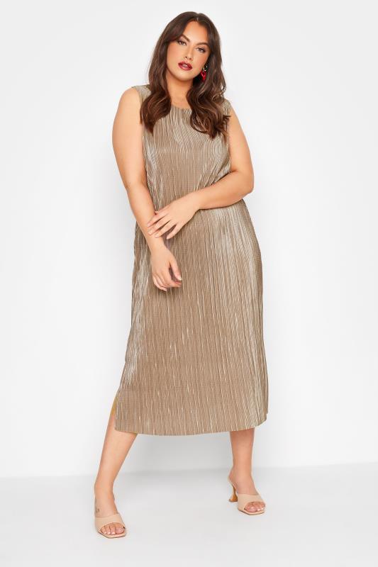Plus Size  LIMITED COLLECTION Curve Gold Sleeveless Plisse Midi Dress