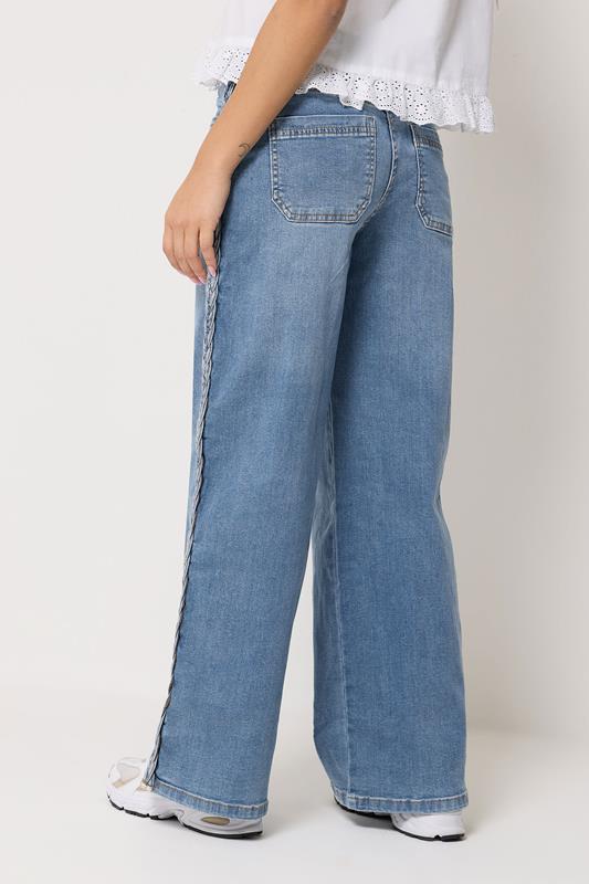 PixieGirl Petite Women's Mid Blue Plait Detail Wide Leg Jeans | PixieGirl 4