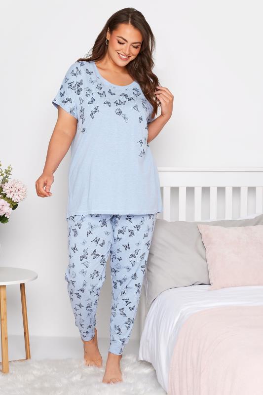 Plus Size Blue Butterfly Print Cuffed Pyjama Bottoms | Yours Clothing  2