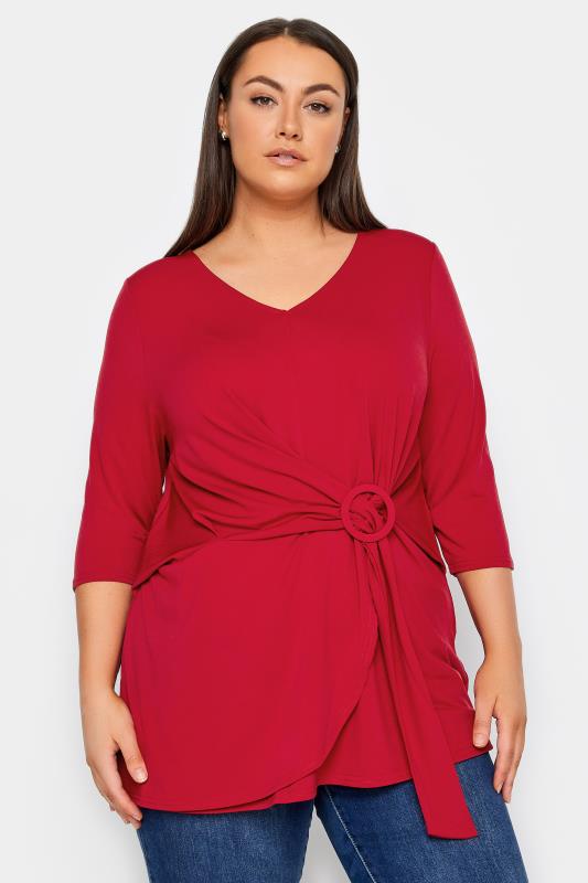 Plus Size  Evans Red Buckle Detail Wrap Tunic