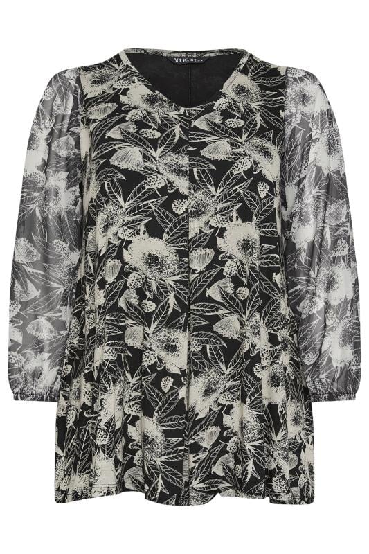 YOURS Plus Size Black Floral Mesh Sleeve Top | Yours Clothing 5