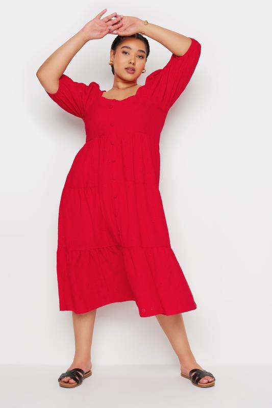 YOURS Plus Size Red Broderie Anglaise Button Front Dress | Yours Clothing 3