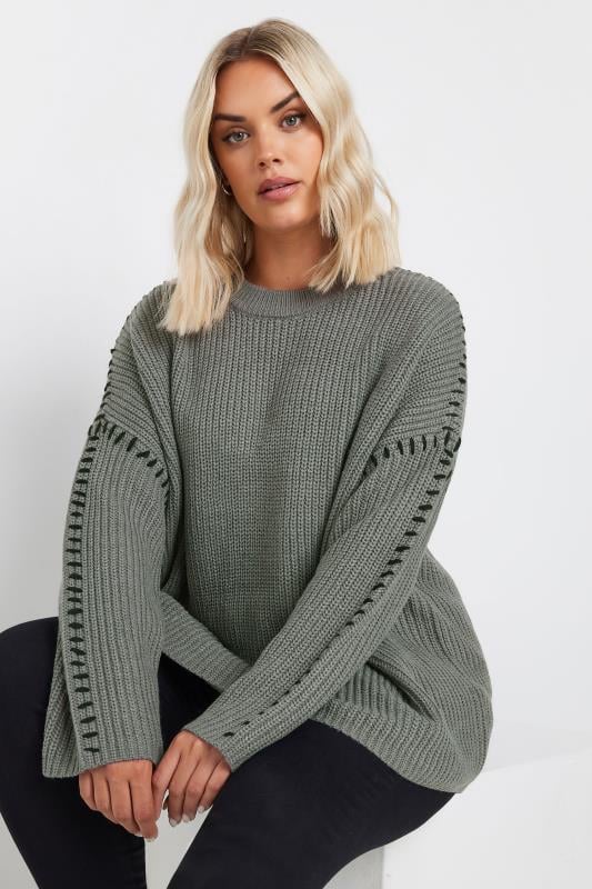  Grande Taille YOURS Curve Grey Contrast Blanket Stitch Jumper