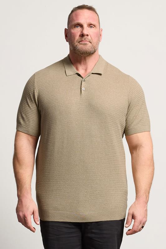  JACK & JONES Big & Tall Stone Brown Knitted Polo Shirt