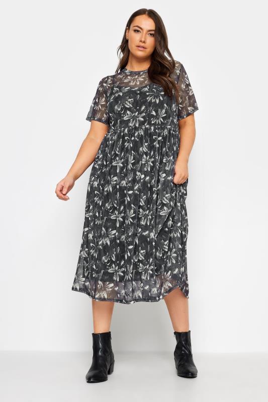 YOURS Plus Size Black & White Floral Print Mesh Smock Dress | Yours Clothing 2