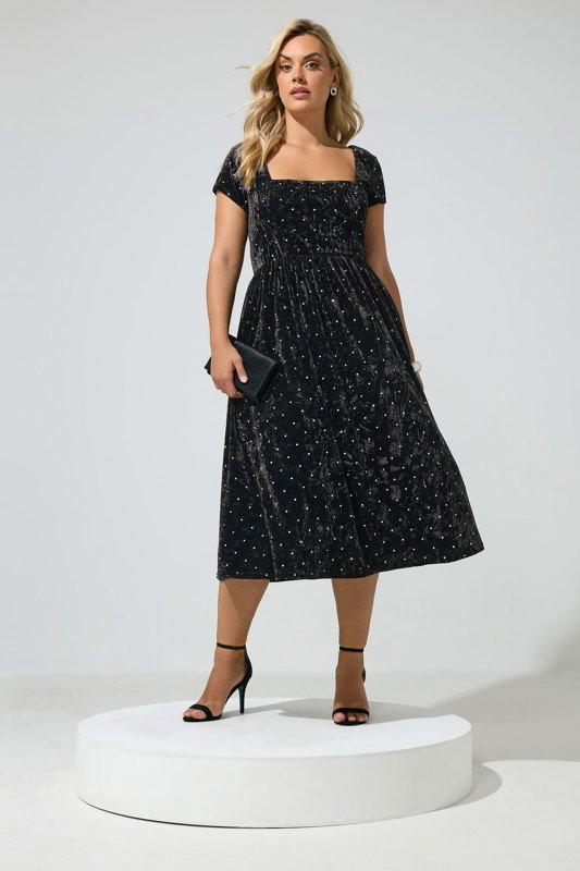 glitter skater dress with sleeves Yours London Women's Plus Size Black Crushed Velvet Size 8 bonton_owned