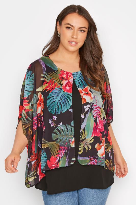  dla puszystych Curve Black Tropical Print Double Layered Blouse