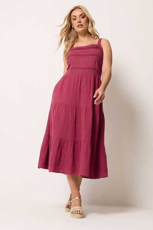 YOURS Plus Size Pink Cheesecloth Pleated Tiered Dress | Yours Clothing 1