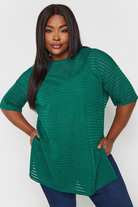  YOURS Curve Green Mesh Short Sleeve Stripe Top