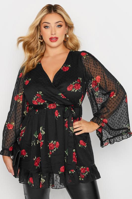  Grande Taille YOURS LONDON Curve Black Rose Print Dobby Ruffle Wrap Top