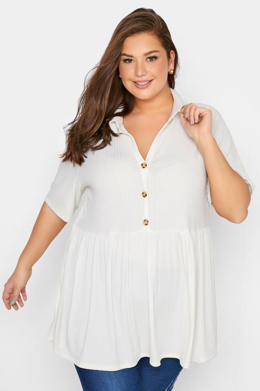 Plus Size  LIMITED COLLECTION Curve Cream Ribbed Button Through Peplum Top