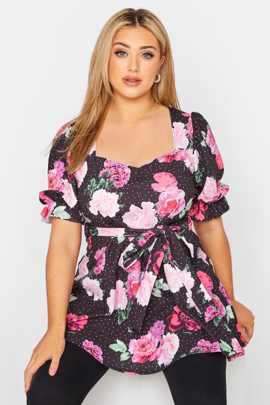  YOURS LONDON Curve Black Floral Puff Sleeve Peplum Top