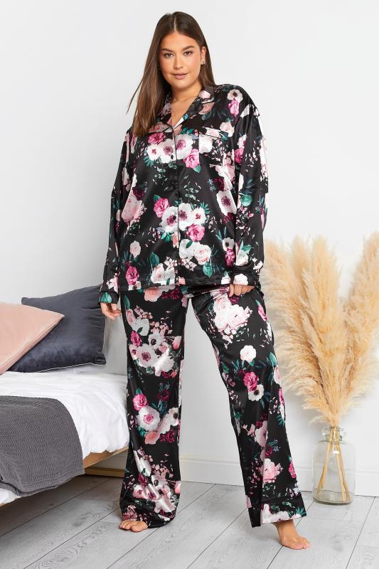 Tall  LTS Tall Black Floral Satin Pyjama Set