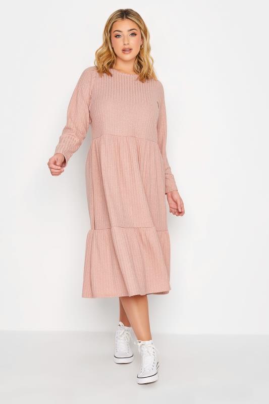 YOURS Plus Size Pink Ribbed Tiered Midi Dress | Yours Clothing 1