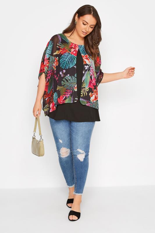 Curve Black Tropical Print Double Layered Blouse 2