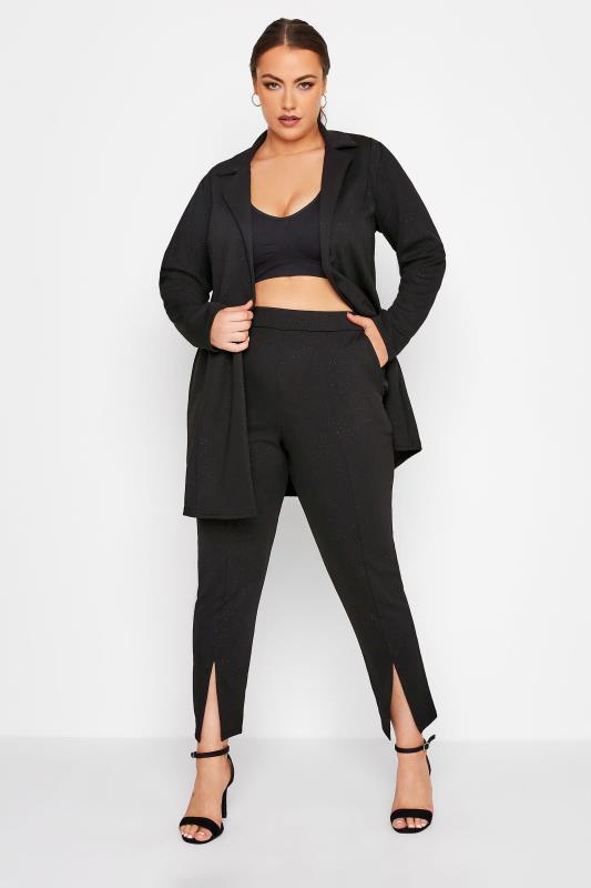 LIMITED COLLECTION Plus Size Black & Pink Glitter Split Hem Tapered Trousers | Yours Clothing 2