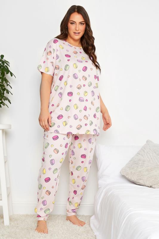 YOURS Curve Plus Size Pink Macaroon Print Pyjama Set | Yours Clothing  2