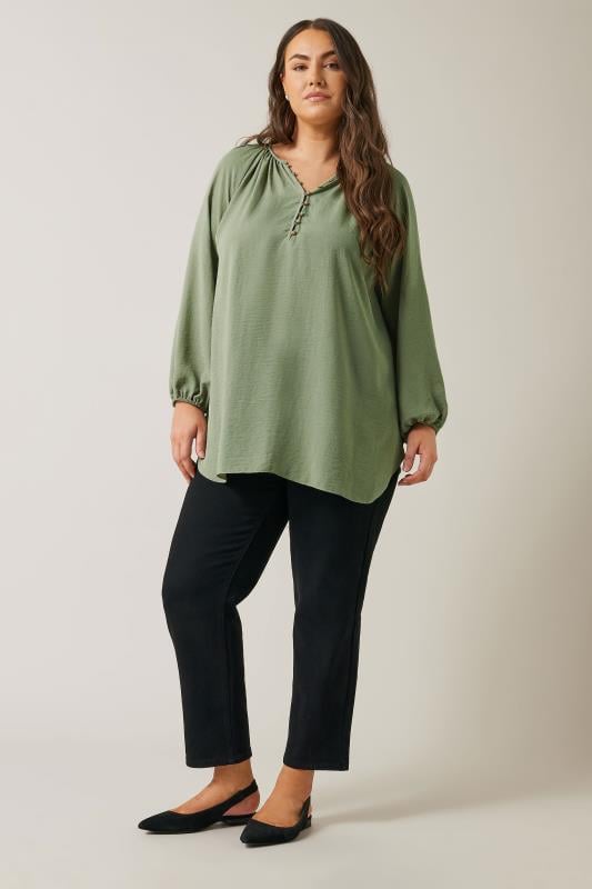 EVANS Plus Size Khaki Green Button Front Long Sleeve Blouse | Evans 3