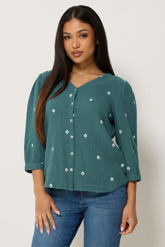 M&Co Petite Teal Blue Floral Embroidered Cotton Blouse | M&Co 1