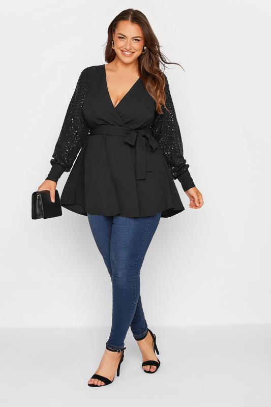 YOURS LONDON Plus Size Black Sequin Sleeve Embellished Wrap Top | Yours Clothing 2
