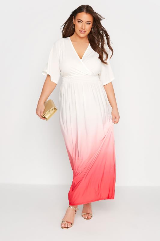 Großen Größen  YOURS LONDON Curve White & Pink Ombre Shirred Waist Maxi Dress