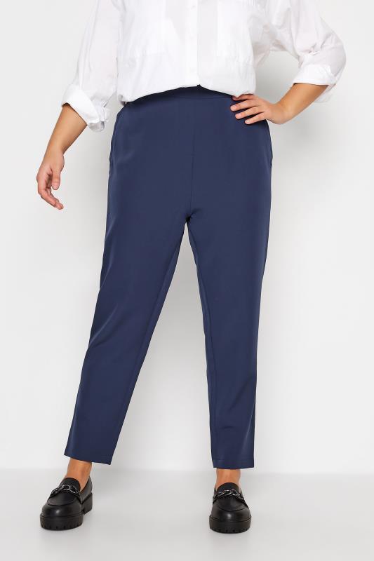 Plus Size Navy Blue High Waisted Tapered Trousers | Yours Clothing 1