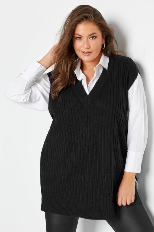 Plus Size Black Ribbed V-Neck Knitted Vest Top | Yours Clothing 1
