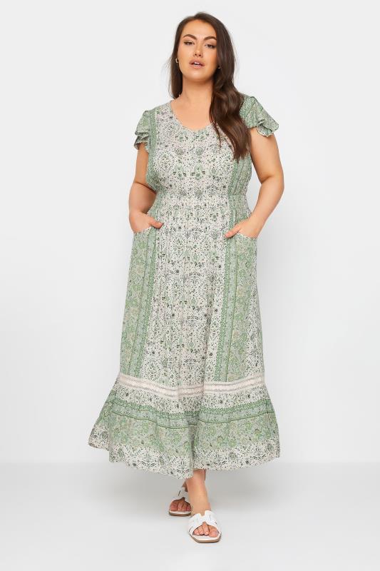 YOURS Plus Size Green Floral Print Crinkle Maxi Dress | Yours Clothing 1