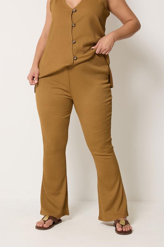 YOURS Curve Natural Brown Textured Flared Trousers