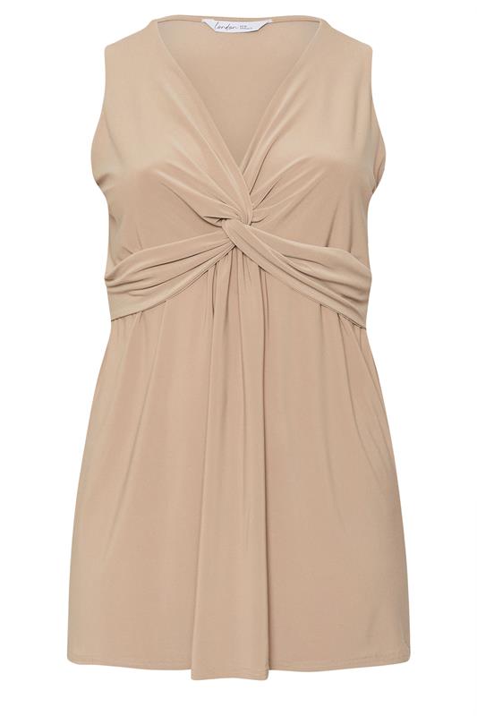 YOURS LONDON Plus Size Camel Brown Sleeveless Knot Front Top | Yours Clothing 5
