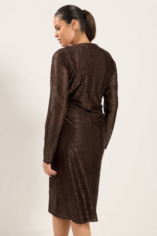 YOURS Plus Size Chocolate Brown Leopard Print Ruched Side Midi Dress