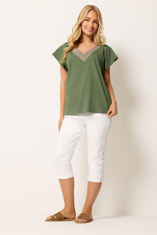 M&Co Khaki Green Embroidered Trim Cotton Cotton T-Shirt | M&Co 1