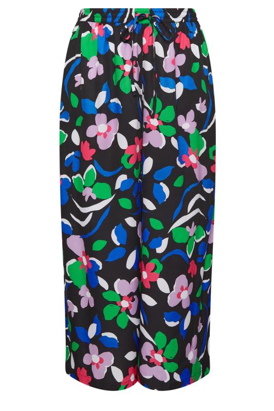 YOURS Plus Size Black Floral Print Drawstring Wide Leg Trousers | Yours Clothing 5