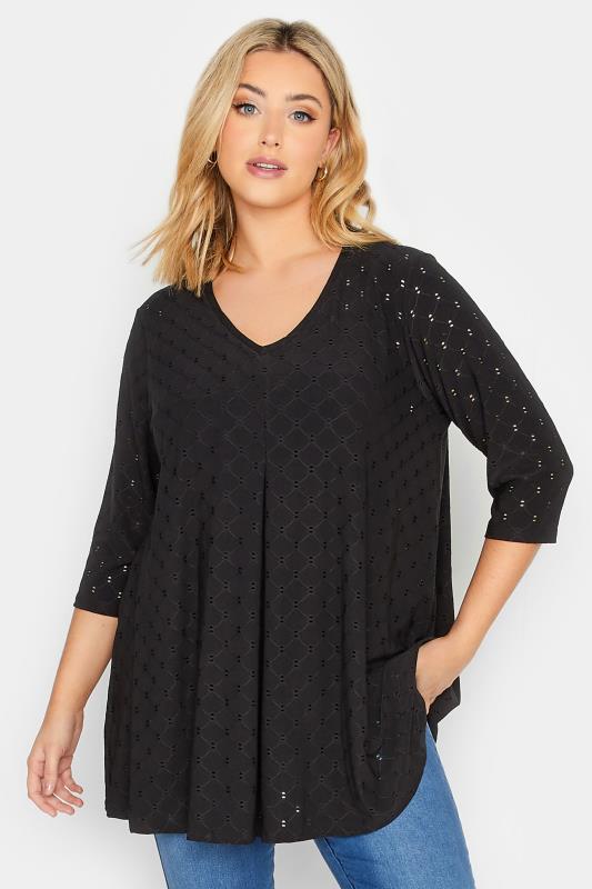 Plus Size Black Broderie Anglaise V-Neck Top | Yours Clothing 1