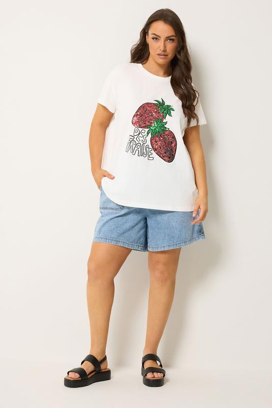 Yours Plus Size White Sequin Embellished Strawberry T-Shirt | Yours Clothing 1